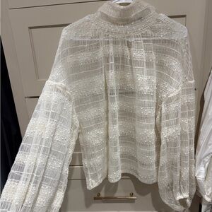 Express Cream Lace-Striped Balloon Sleeve Blouse